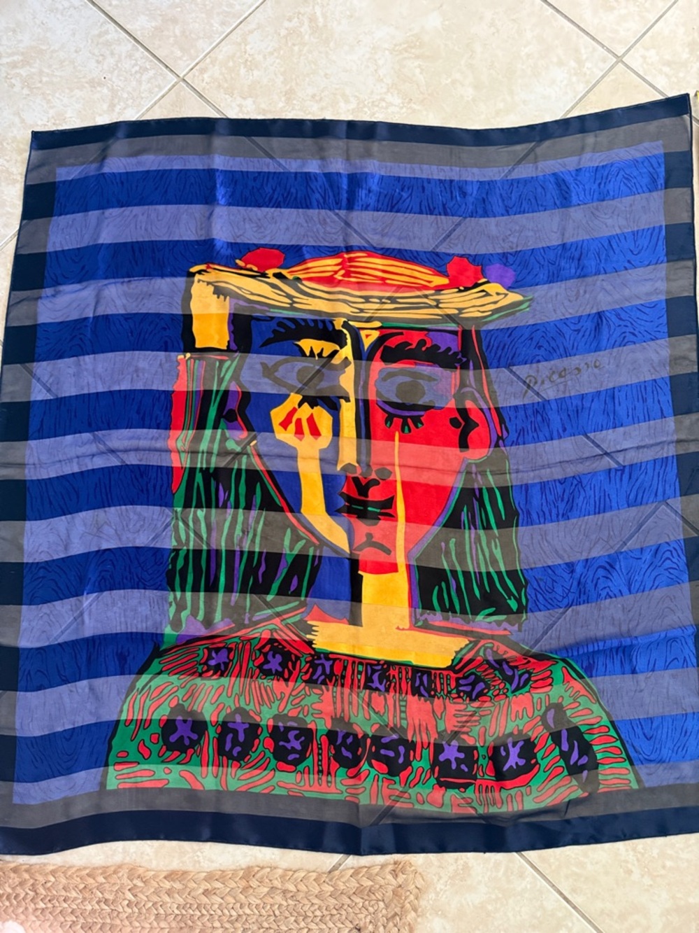 Picasso 80’s Multicolor Abstract Portrait Silk Scarf - Blue, Red, Yellow, Green